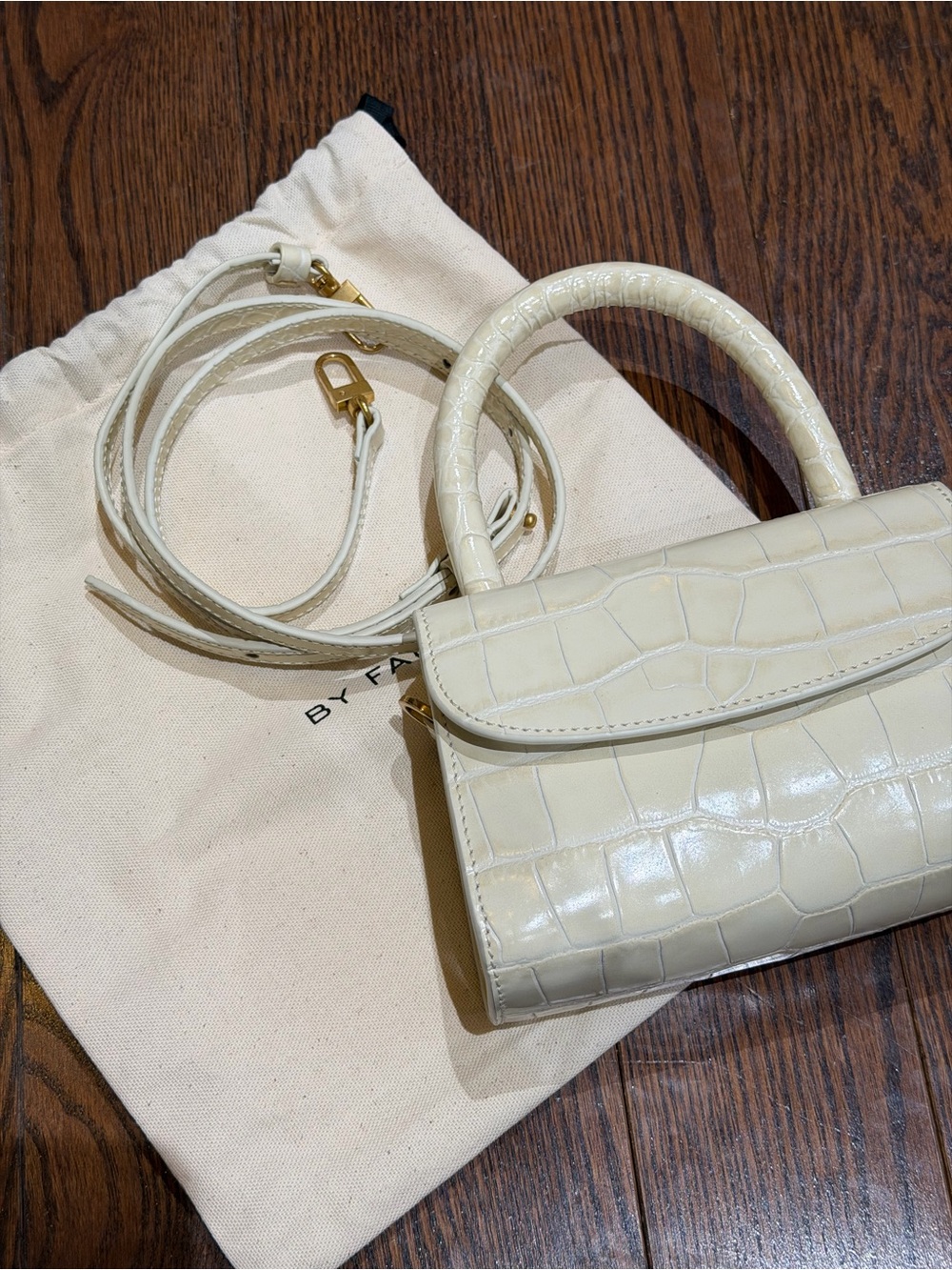 BY FAR Cream Croc-Embossed Mini Top-Handle Bag